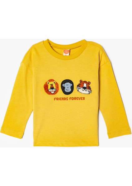 Tişört Hayvanlar Baskılı Uzun Kollu Bisiklet Yaka Pamuklu