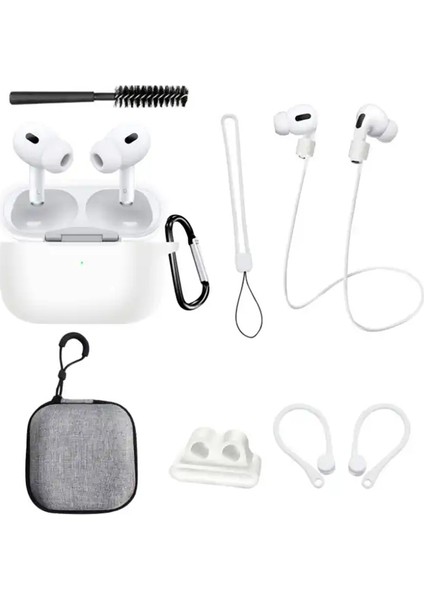 Airpods Pro 2 için 8'İ 1 Arada Taşınabilir Saklama Çantası Seti Askılı Boyun Askılı Temizleme Fırçalı Silikon Kulaklık Kılıfı (Yurt Dışından)