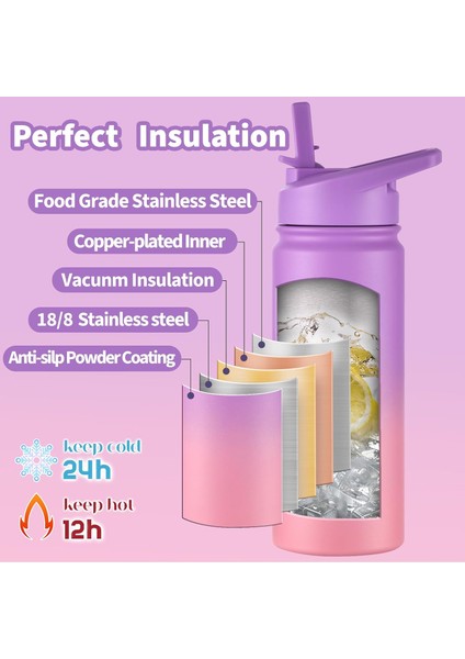 ，，çocuklar Okul Su Şişesi 16 Oz Paslanmaz Çelik Yalıtımlı Su Şişesi Çocuklar Için Kız Erkek Çocuklar Için Saman Kapaklı (Mor / Pembe) (Yurt Dışından) fiyatları