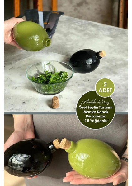 Tekno Trust 2 Adet Özel Handmade Zeytin Tasarım Mantar Kapak De Lorenze Yağdanlık Zeytinyağı Sirke Yağdanlık