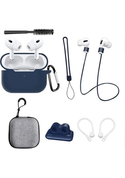 Airpods Pro 2 için 8 In 1 Taşınabilir Saklama Çantası Seti Askılı Boyun Askılı Temizleme Fırçalı Silikon Koyu Kulaklık Kılıfı (Yurt Dışından)