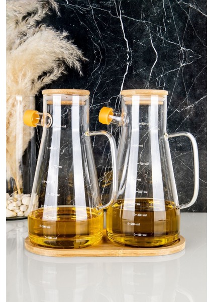 Bambu Kapaklı 2'li Cam Yağlık Sirkelik Seti 900 ml, Beyaz, Stantlı, Vakumlu