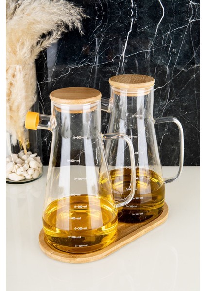 Bambu Kapaklı 2'li Cam Yağlık Sirkelik Seti 900 ml, Beyaz, Stantlı, Vakumlu