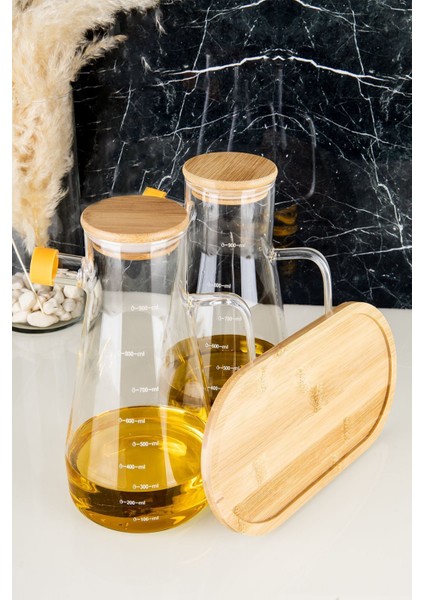 Bambu Kapaklı 2'li Cam Yağlık Sirkelik Seti 900 ml, Beyaz, Stantlı, Vakumlu