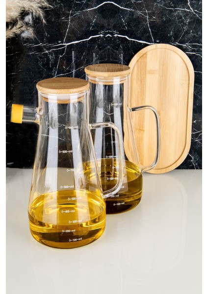 Bambu Kapaklı 2'li Cam Yağlık Sirkelik Seti 900 ml, Beyaz, Stantlı, Vakumlu