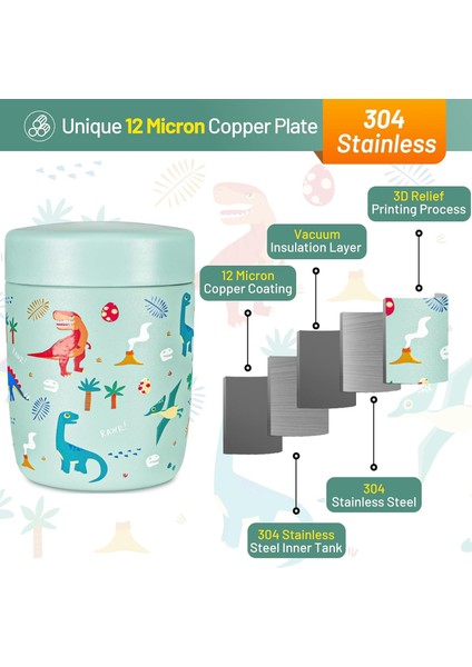 ， Oz Paslanmaz Çelik Vakum Yalıtımlı Çocuk Mama Kavanozu - Sıcak ve Soğuk Yemek Çorba Yalıtımlı Kavanoz - Turkuaz Dinozor (Yurt Dışından) fırsatları