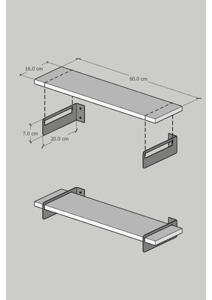 Alto Demir Ayaklı Duvar Rafı - Demir Ayaklı Antrasit Duvar Kitaplığı 2 Adet