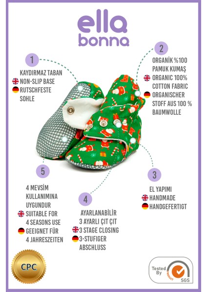 Organik Pamuk Bebek Pandufu, Kaydırmaz Taban, Yenidoğan Patiği, Ev Kreş Ayakkabısı, Yılbaşı Özel modelleri