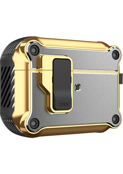 Apple Airpods Pro için tooth Darbeye Dayanıklı Tpu+Pc+Donanım Otomatik Açılır Kilitli Koruyucu Gümüş Kulaklık Kılıfı (Yurt Dışından)