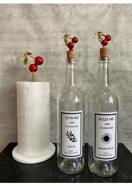 Şeffaf 750 ml cam kiraz detaylı yağdanlık ve havluluk seti, bej renk, 4+ parça fiyatları