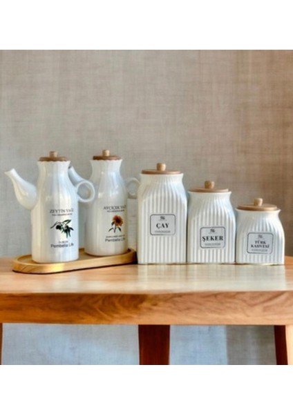6 Parça Bambu Standlı Porselen Yağdanlık ve Çay Şeker Kahve Kavanoz Seti
