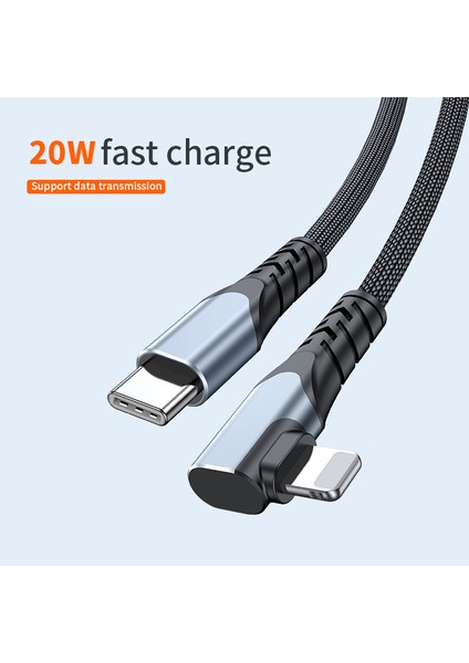 A6 90 Derece Dirsek Tip-C-Lightning Pd 20W Hızlı Şarj Kablosu Örgülü Cep Telefonu Kablosu Veri Iletim Kablosu, 1m-Gri (Yurt Dışından)