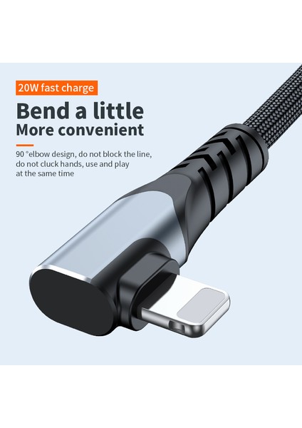 A6 90 Derece Dirsek Tip-C-Lightning Pd 20W Hızlı Şarj Kablosu Örgülü Cep Telefonu Kablosu Veri Iletim Kablosu, 1m-Gri (Yurt Dışından)