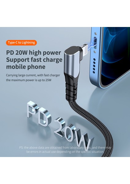 A6 90 Derece Dirsek Tip-C-Lightning Pd 20W Hızlı Şarj Kablosu Örgülü Cep Telefonu Kablosu Veri Iletim Kablosu, 1m-Gri (Yurt Dışından)