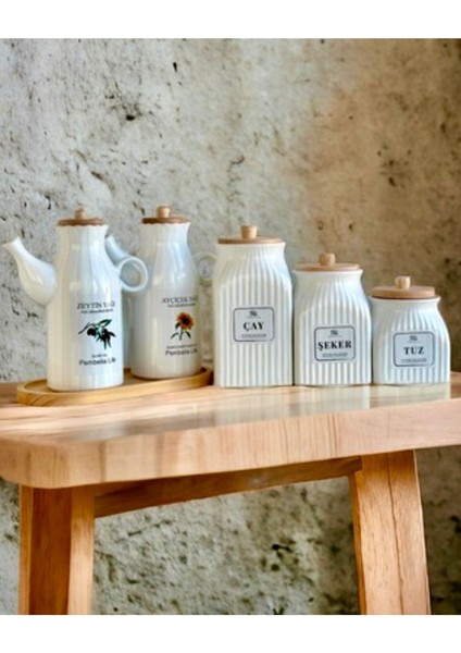 Tekno Trust 6 Parça Bambu Standlı Papatya Porselen 1000ML Yağdanlık ve 3’lu Çay Şeker Tuz Kahve Kavanoz Seti