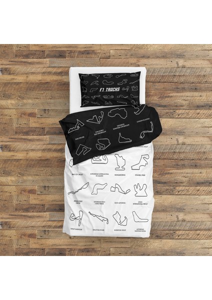 All Tracks / Formula 1 Pistleri Siyah-Beyaz Çift Taraflı Nevresim Takımı - 200 cm x 220 cm