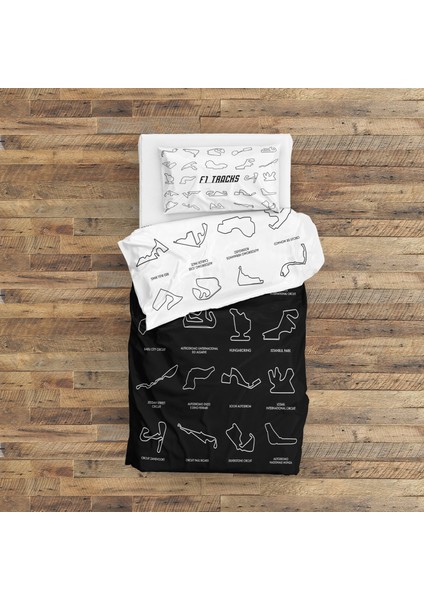 All Tracks / Formula 1 Pistleri Siyah-Beyaz Çift Taraflı Nevresim Takımı - 200 cm x 220 cm
