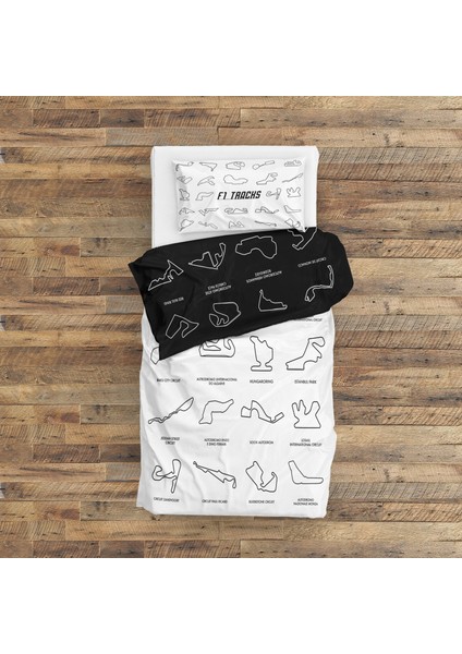 All Tracks / Formula 1 Pistleri Siyah-Beyaz Çift Taraflı Nevresim Takımı - 200 cm x 220 cm
