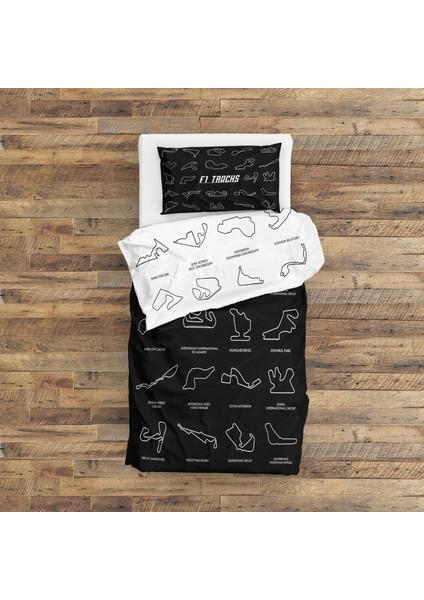 All Tracks / Formula 1 Pistleri Siyah-Beyaz Çift Taraflı Nevresim Takımı - 200 cm x 220 cm