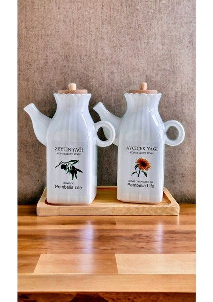 Bambu Standlı Kare 2’li Porselen Yağlık Seti, 1000 ml, Beyaz, 3 Parça