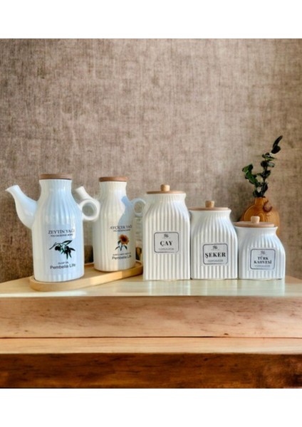 Tekno Trust 6 Parça Bambu Standlı Çizgili Porselen 1000ML Yağdanlık ve 3’lu Çay Şeker Türk Kahve Kavanoz Seti