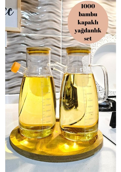 Tekno Trust Bambu Standlı Bambu Kapaklı 900 ml 3'lü Yağdanlık Sirkelik Seti Yuvarlak Standlı 24 cm