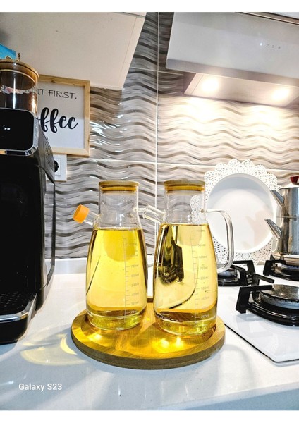 Tekno Trust Bambu Standlı Bambu Kapaklı 900 ml 3'lü Yağdanlık Sirkelik Seti Yuvarlak Standlı 24 cm