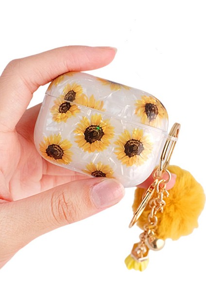 Apple Airpods Pro için Koruyucu Tpu , Saç Topu Kolye İle Kabuk Dokusu Ayçiçeği Desenli Kulaklık Kılıfı (Yurt Dışından)