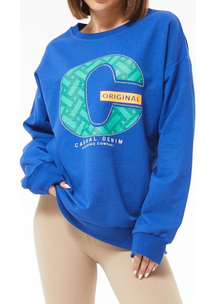 Sıfır Yaka Baskılı Kadın Sweatshirt