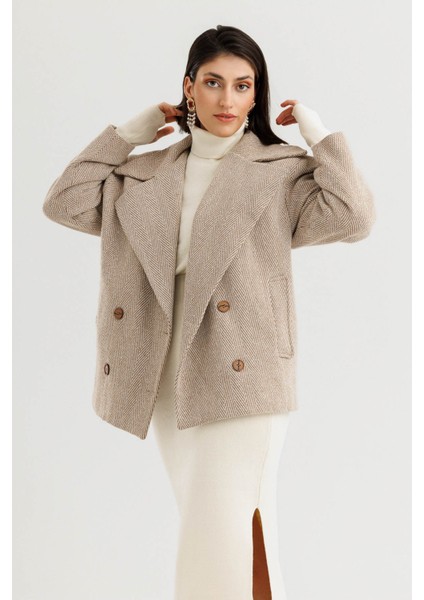 Çizgili Oversize Ceket Mont - Bej modelleri