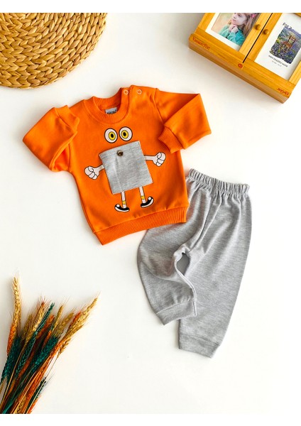 Neşeli Bebekler Baskılı Önden Cepli Penye Takım Turuncu