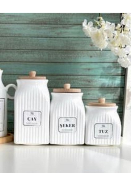 Tekno Trust 6 Parça Bambu Standlı 2’li Porselen 1000ML Yağdanlık ve 3’lu Çay Şeker Tuz Kavanoz Set