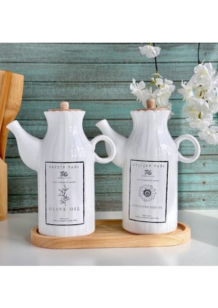 Tekno Trust 6 Parça Bambu Standlı 2’li Porselen 1000ML Yağdanlık ve 3’lu Çay Şeker Tuz Kavanoz Set