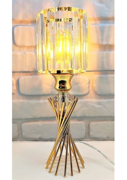 Modern Dekoratif Gold Metal Burgu Kristal Taşlı Kristal Silindir Şapkalı Abajur Masa Lambası