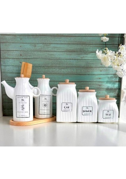 Bambu Standlı 6 Parça Yağdanlık ve Kavanoz Seti, Beyaz, 1000ml