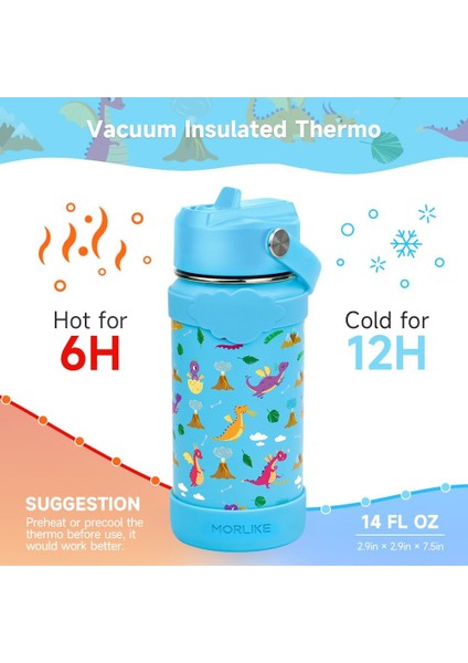 ，，çocuklar Için Saman Kapaklı Su Şişesi 14 Oz Vakum Yalıtımlı Paslanmaz Çelik Seyahat Tumbler Termos Okul Için Sızdırmaz Yürümeye Başlayan Kızlar Su Şişesi (Dinozor) (Yurt Dışından) modelleri