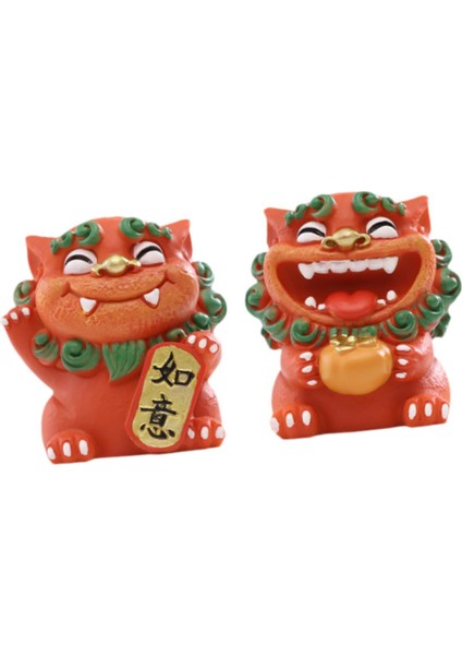 2 Adet Karikatür Mini Aslan Heykelleri Çin Aslan Figürleri Masaüstü Ofis Için 5X5X5.5CM Kırmızı (Yurt Dışından)