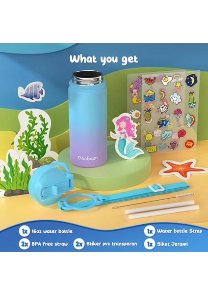 Çocuklar Su Şişesi 16 Oz Çocuklar Su Şişesi Etiketli Paslanmaz Çelik Hasır Bardak Erkek Hediye (Mavi/mor) (Yurt Dışından) fırsatları