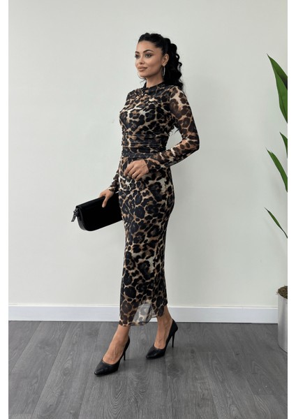 Tül Kumaş Drape Detaylı Kalem Elbise - Leopar