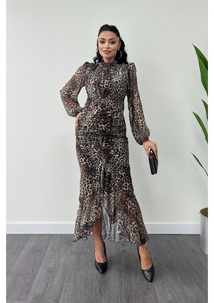 Şifon Kumaş Büzgü Detaylı Kalem Elbise - Leopar fiyatları