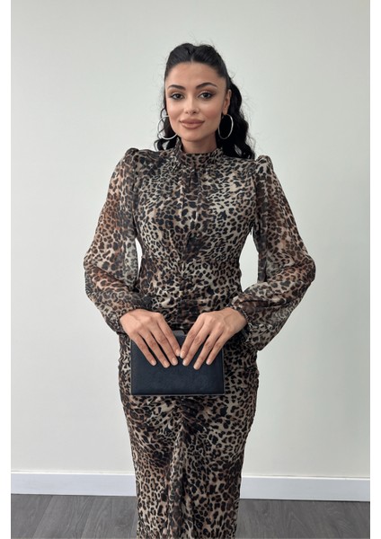 Şifon Kumaş Büzgü Detaylı Kalem Elbise - Leopar modelleri