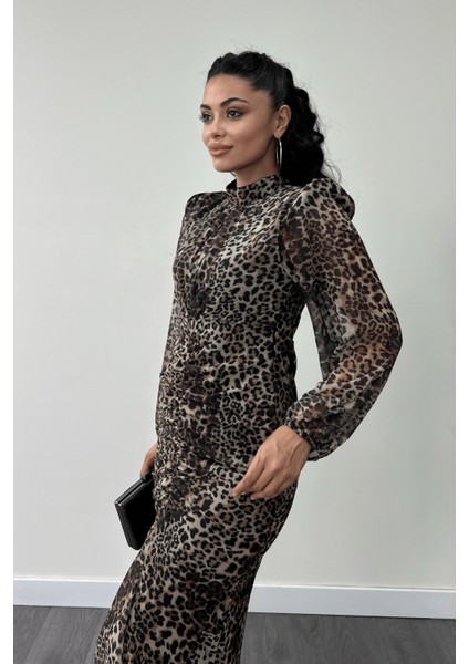 Şifon Kumaş Büzgü Detaylı Kalem Elbise - Leopar fırsatları