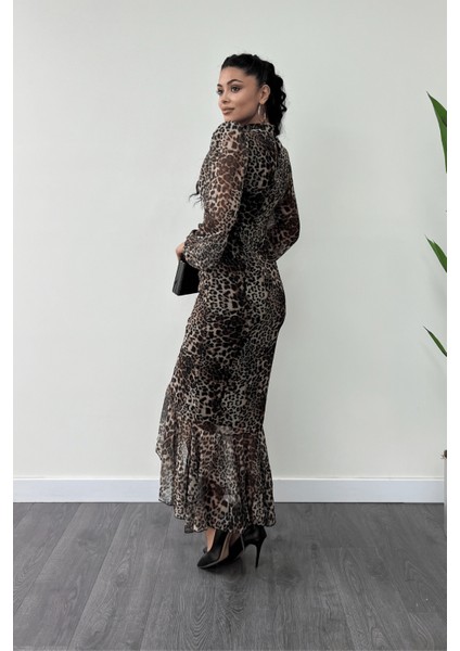 Şifon Kumaş Büzgü Detaylı Kalem Elbise - Leopar indirimleri