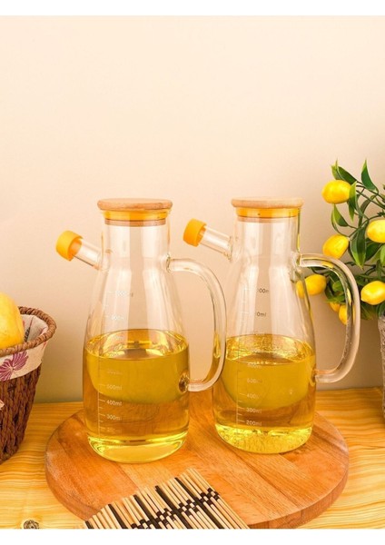 Bambu Kapaklı Vakumlu Cam Yağlık ve Sirkelik 2'li Set, 1L, Turuncu