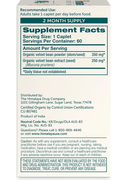 Organic Dopa Mucuna 600 Mg 60 Caplets fiyatları