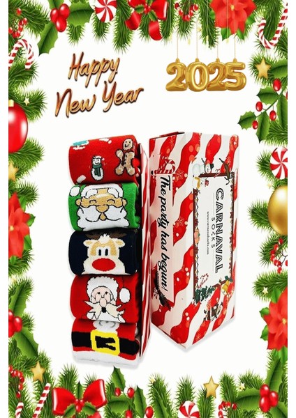 5'li Havlu Yılbaşı Desenli Hediye Çorap Seti