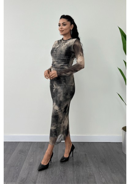 Tül Kumaş Drape Detaylı Kalem Elbise - Krem