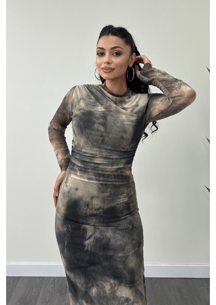 Tül Kumaş Drape Detaylı Kalem Elbise - Krem