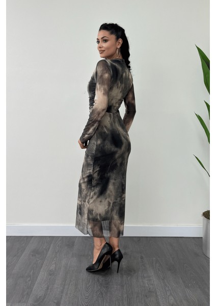 Tül Kumaş Drape Detaylı Kalem Elbise - Krem
