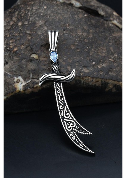 Gümüş Kolye Ucu Hz. Ali ( Zülfikar Kılıcı ) Aquamarine Taşlı 925 Ayar Gümüş 901208